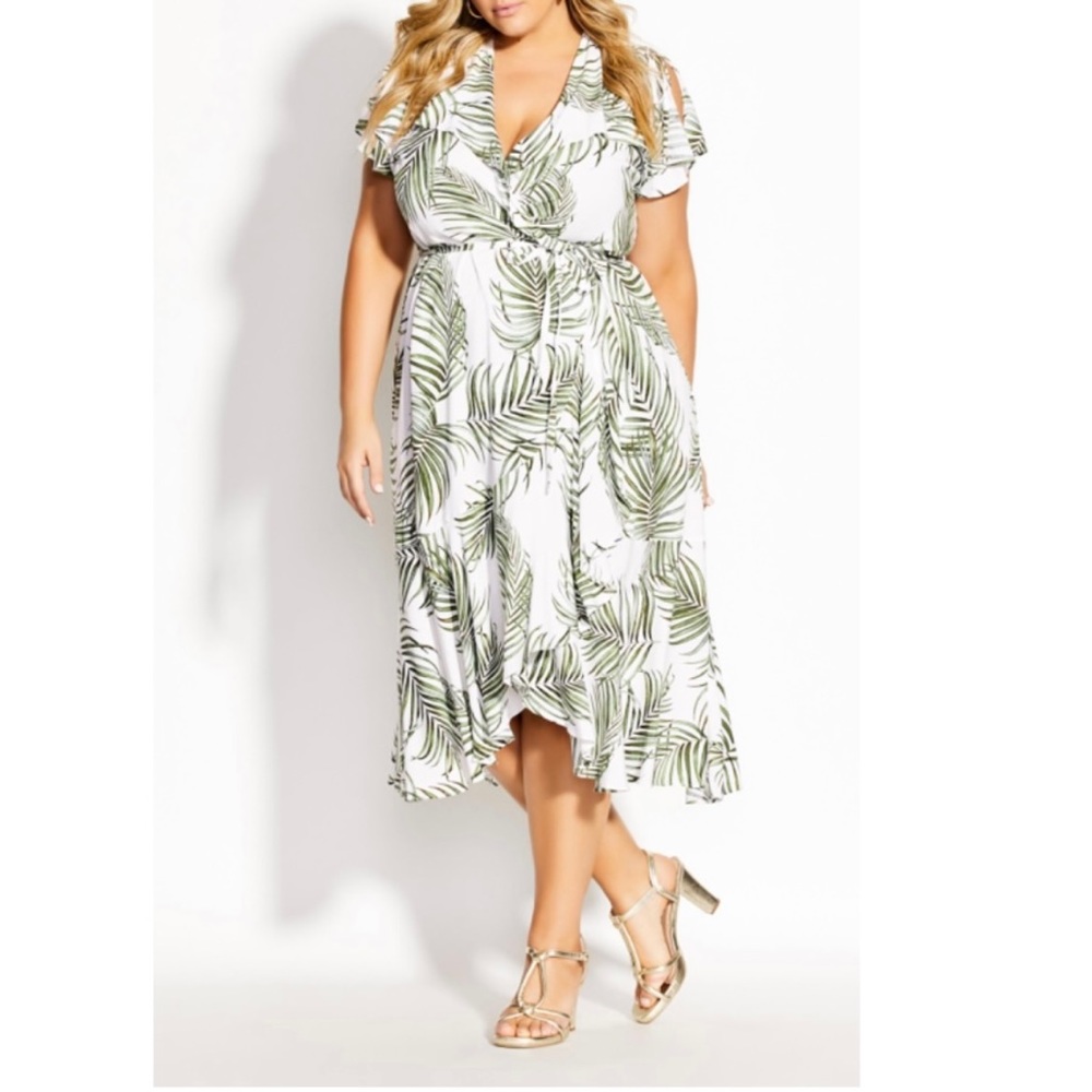 City Chic Palm Front Print Flutter Sleeve Wrap Maxi Dress - 20